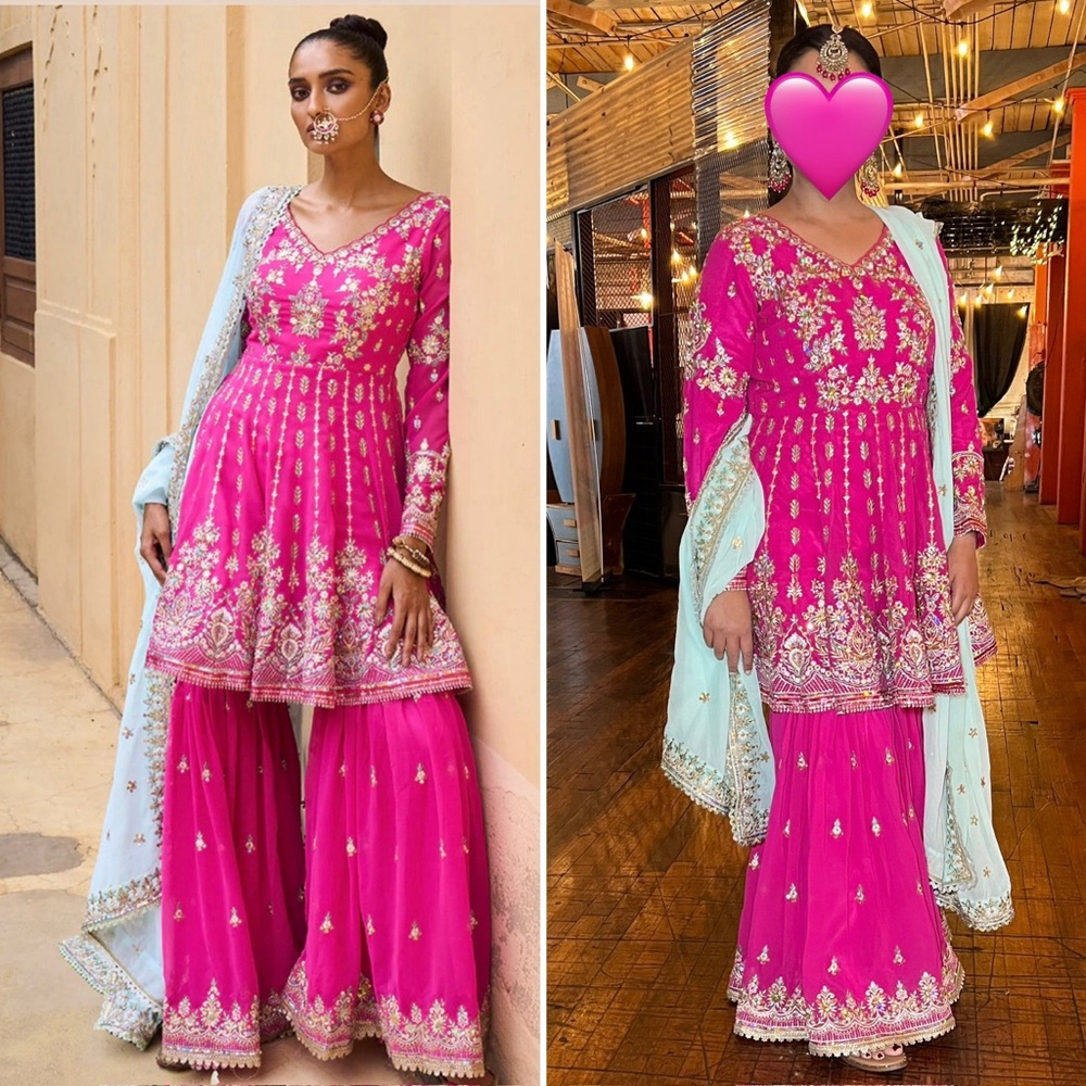 Pink Embroidered Women’s Lehenga Set with Light Blue Dupatta